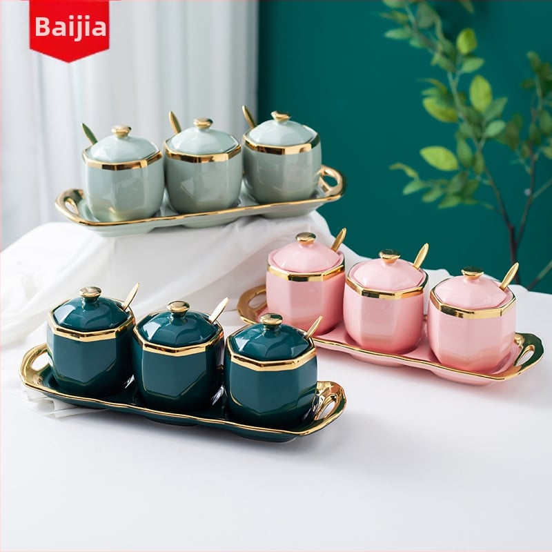 Set de borcane ceramice pentru condimente: borcan de ardei iute, borcan de sare, borcan pentru condimente și cutie pentru condimente pentru bucătărie, stil lux ușor.