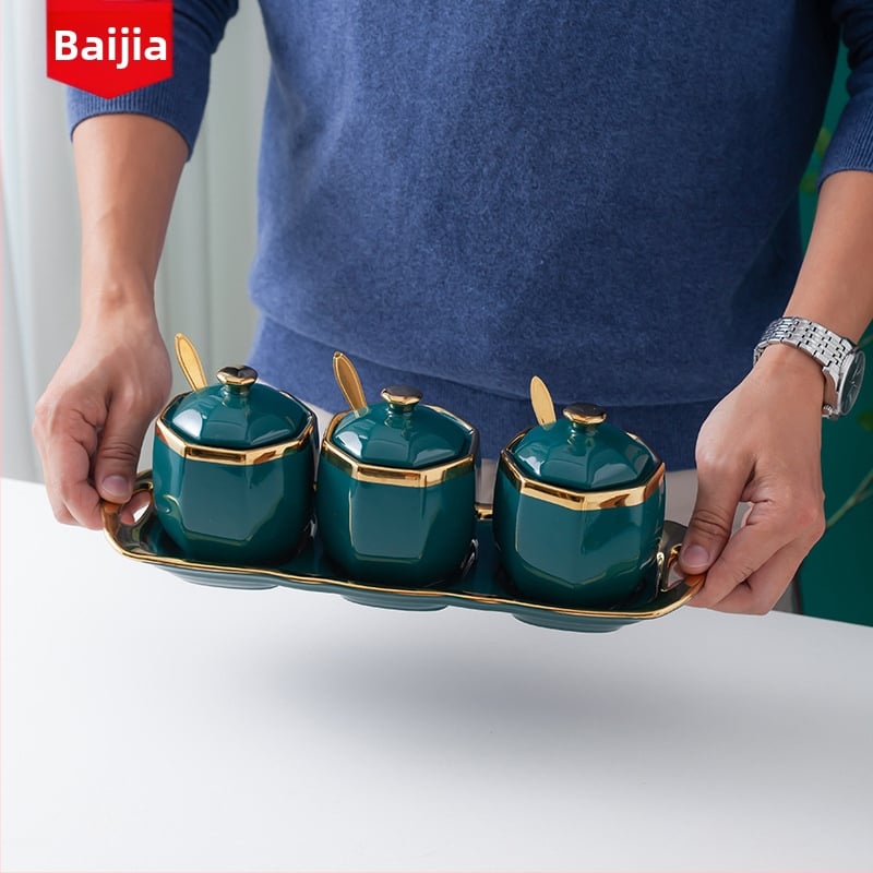 Set de borcane ceramice pentru condimente: borcan de ardei iute, borcan de sare, borcan pentru condimente și cutie pentru condimente pentru bucătărie, stil lux ușor.