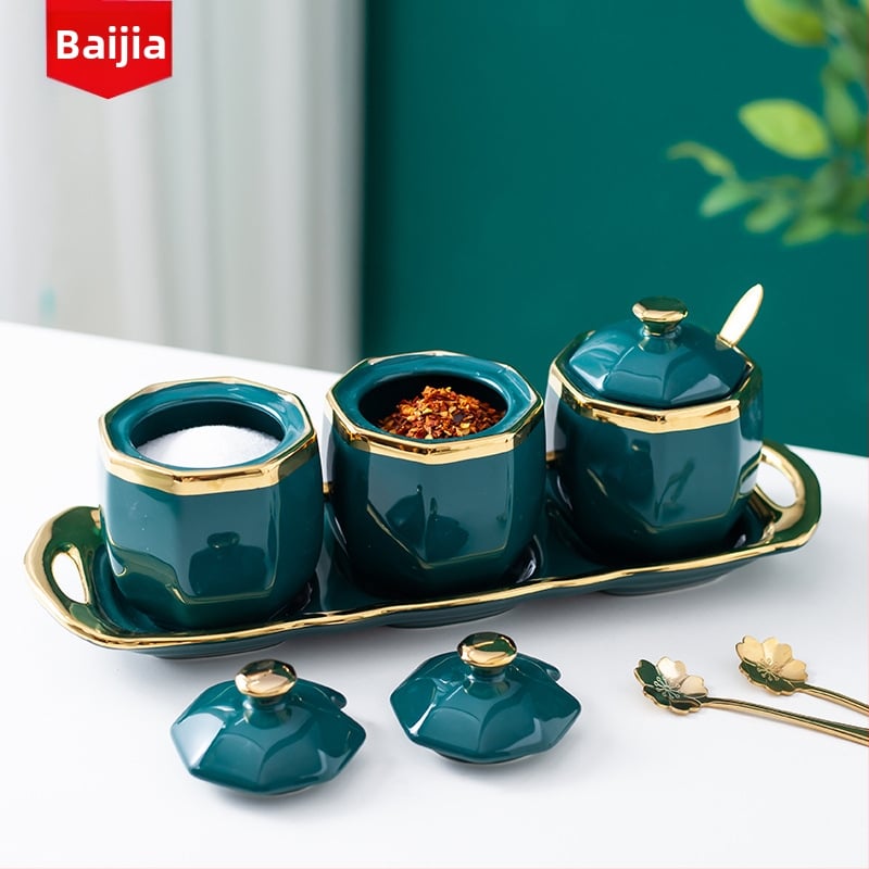 Set de borcane ceramice pentru condimente: borcan de ardei iute, borcan de sare, borcan pentru condimente și cutie pentru condimente pentru bucătărie, stil lux ușor.