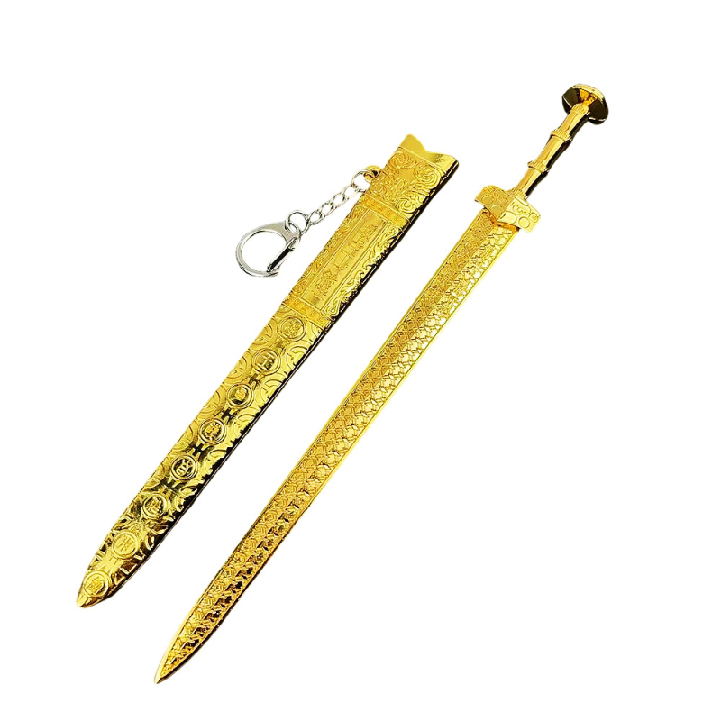 Sabie Goujian – 22 cm, aliaj auriu, decor de birou cu teacă, model de armă al Regelui Yue