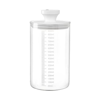 Borcan din sticlă cu capac de apăsare pentru depozitare în bucătărie a cerealelor, plantelor medicinale, ceaiului, cafelei, pudrei de lapte și fructelor uscate; rezistent la umezeală; capacitate 501–800 ml.