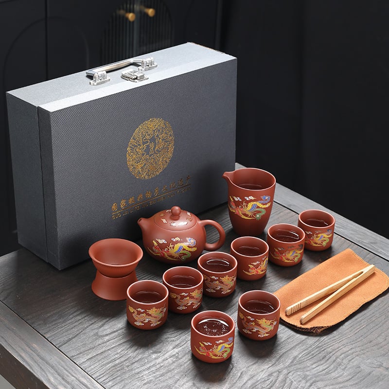 Ceainic din lut purpuriu cu schimbare de culoare, set Gongfu cu motiv Dragon și Phoenix, pentru uz casnic modern, cu tavă de ceai, cutie cadou