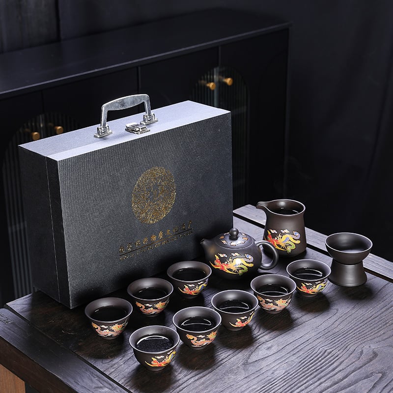 Ceainic din lut purpuriu cu schimbare de culoare, set Gongfu cu motiv Dragon și Phoenix, pentru uz casnic modern, cu tavă de ceai, cutie cadou