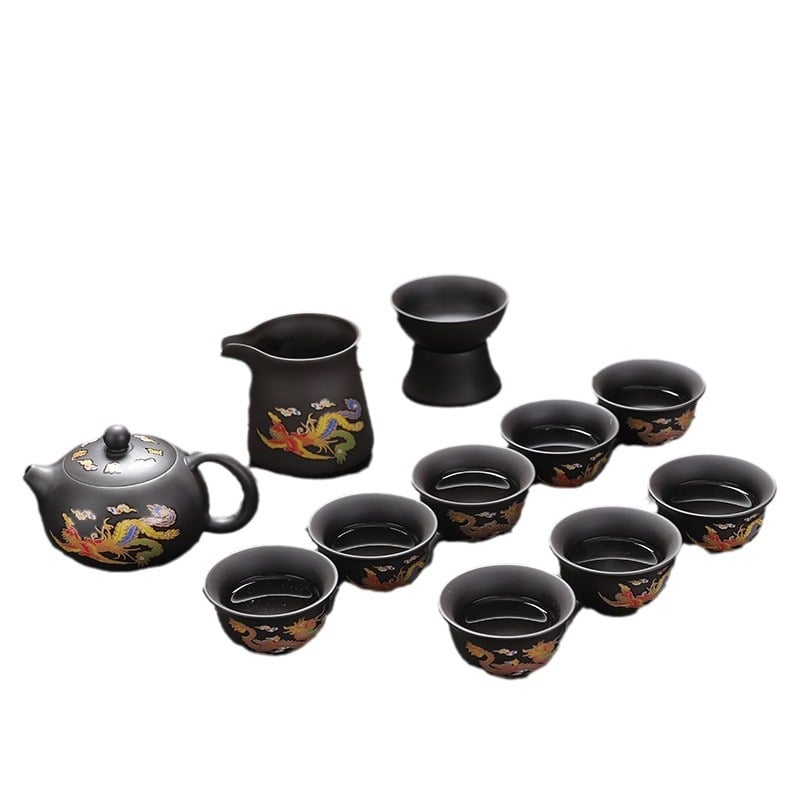Ceainic din lut purpuriu cu schimbare de culoare, set Gongfu cu motiv Dragon și Phoenix, pentru uz casnic modern, cu tavă de ceai, cutie cadou