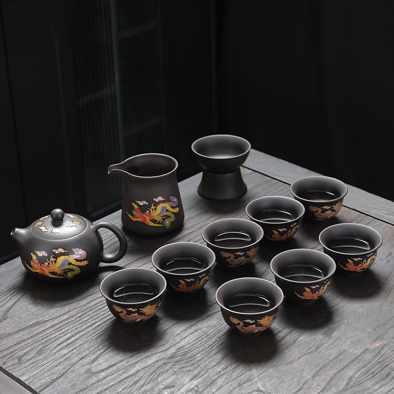 Ceainic din lut purpuriu cu schimbare de culoare, set Gongfu cu motiv Dragon și Phoenix, pentru uz casnic modern, cu tavă de ceai, cutie cadou