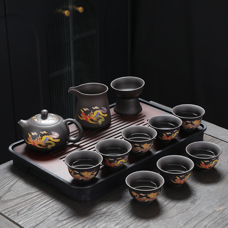 Ceainic din lut purpuriu cu schimbare de culoare, set Gongfu cu motiv Dragon și Phoenix, pentru uz casnic modern, cu tavă de ceai, cutie cadou