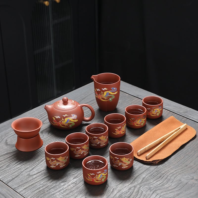 Ceainic din lut purpuriu cu schimbare de culoare, set Gongfu cu motiv Dragon și Phoenix, pentru uz casnic modern, cu tavă de ceai, cutie cadou