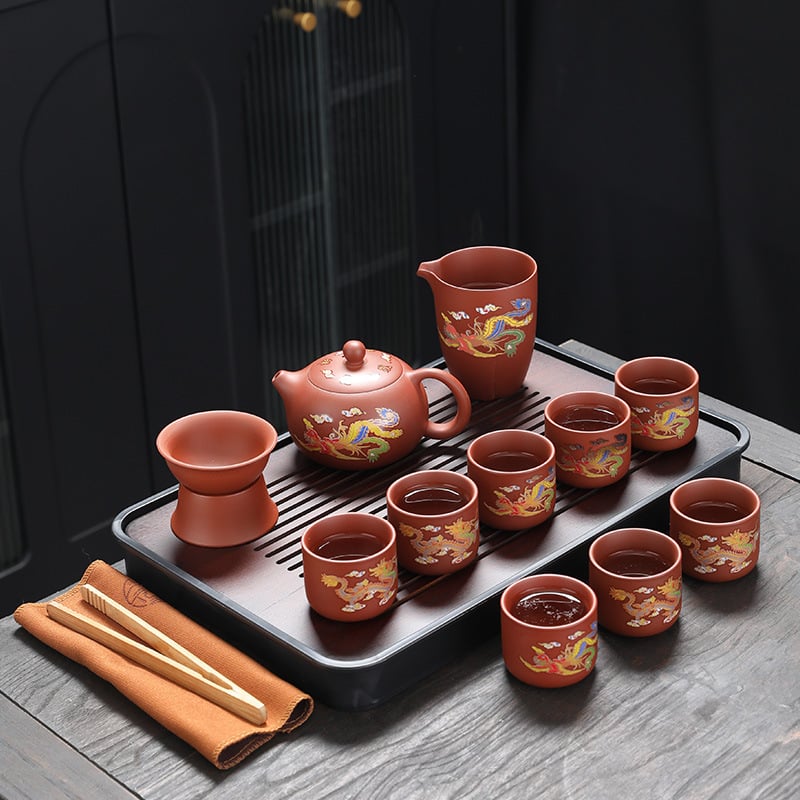 Ceainic din lut purpuriu cu schimbare de culoare, set Gongfu cu motiv Dragon și Phoenix, pentru uz casnic modern, cu tavă de ceai, cutie cadou