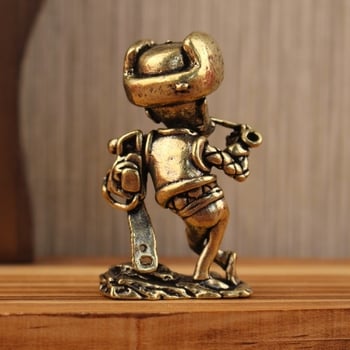 Figurină din alamă veche: Bald Strong sprijinit pe un ferăstrău; decor mic creativ pentru hol sau birou