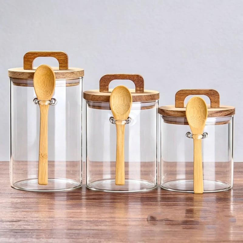 Recipient din sticlă cu mâner și lingură, borcan pentru ceai, sticlă borosilicat de înaltă rezistență pentru cereale