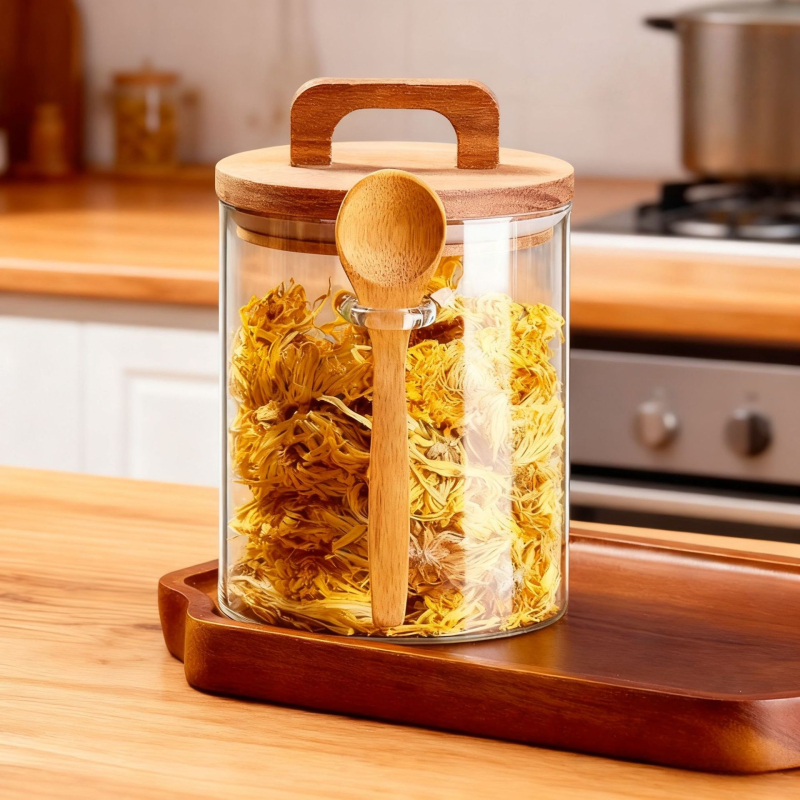 Recipient din sticlă cu mâner și lingură, borcan pentru ceai, sticlă borosilicat de înaltă rezistență pentru cereale