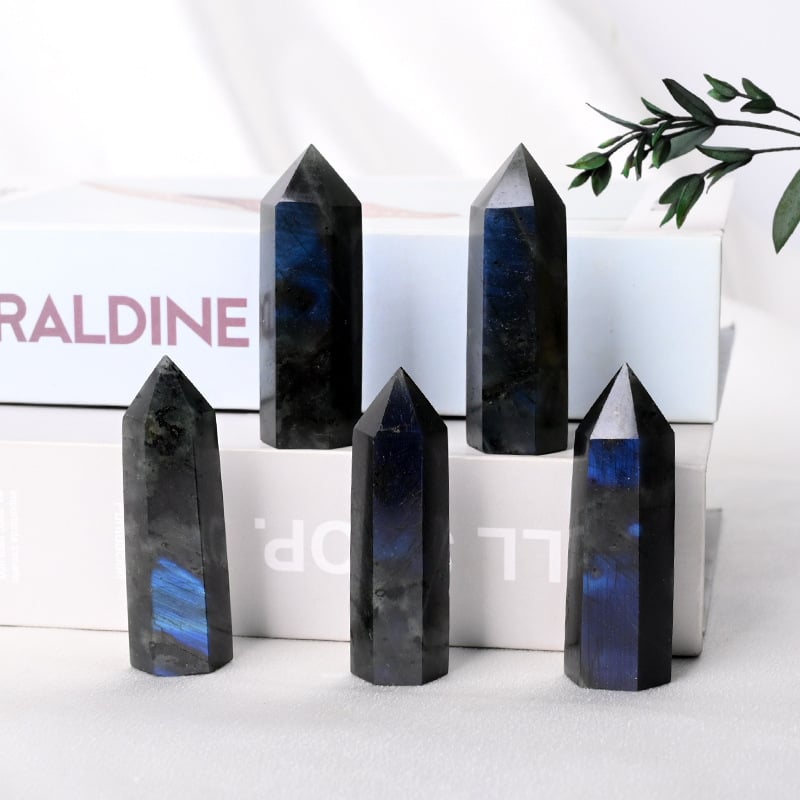 Coloană naturală de labradorit cu piatră lunii, coloană hexagonală cu vârf unic, piatră brută lustruită, decor pentru living, cristal alb