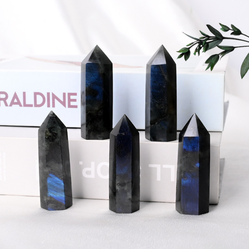 Coloană naturală de labradorit cu piatră lunii, coloană hexagonală cu vârf unic, piatră brută lustruită, decor pentru living, cristal alb