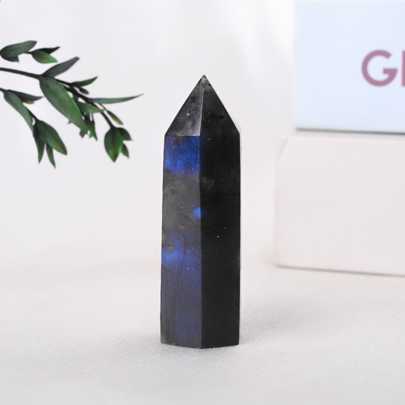 Coloană naturală de labradorit cu piatră lunii, coloană hexagonală cu vârf unic, piatră brută lustruită, decor pentru living, cristal alb