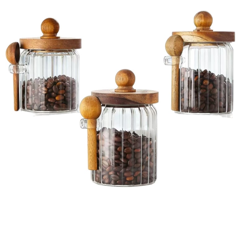 Recipient de depozitare din sticlă borosilicată sigilat, cu capac și linguriță, pentru boabele de cafea; praf protejat și curat