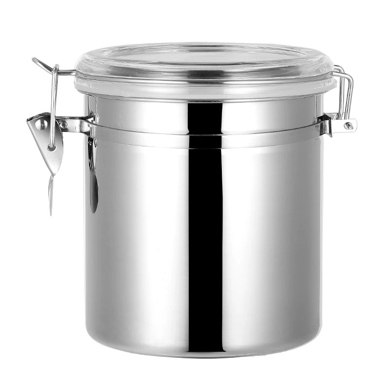 Borcan sigilat din oțel inoxidabil cu lingură și capac, pentru cafea boabe și cereale uscate, depozitare etanșă cu inel de etanșare