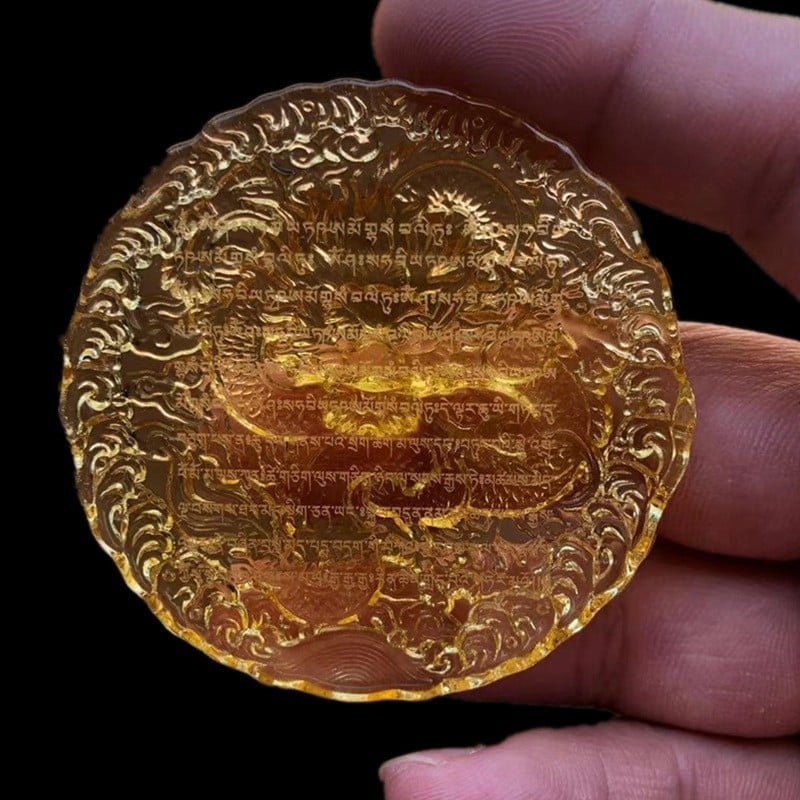 Amulet crystal Dragon King Temple Mandala pentru eliberarea apei, piatră Mani rotundă, albastru și galben – obiect decorativ