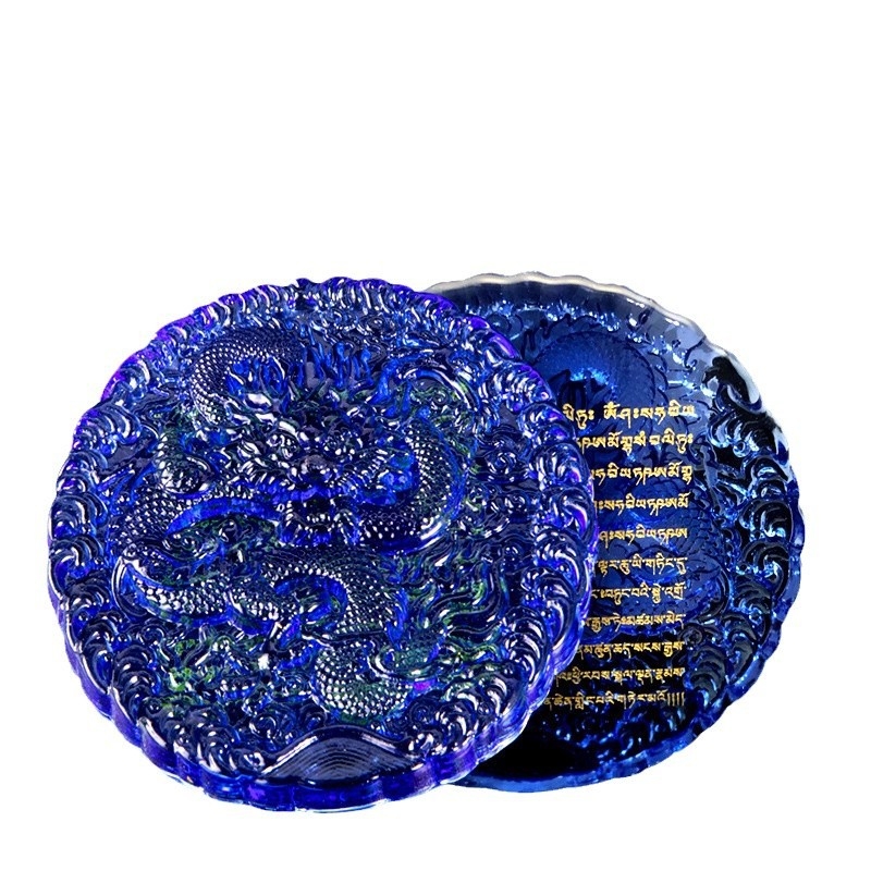 Amulet crystal Dragon King Temple Mandala pentru eliberarea apei, piatră Mani rotundă, albastru și galben – obiect decorativ