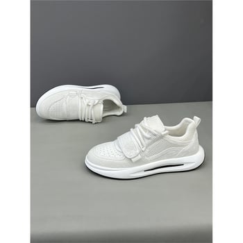 Adidași casual pentru bărbați din piele naturală și material textil, albi, respirabili, talpă groasă