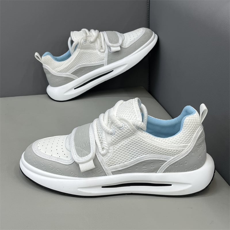 Adidași casual pentru bărbați din piele naturală și material textil, albi, respirabili, talpă groasă