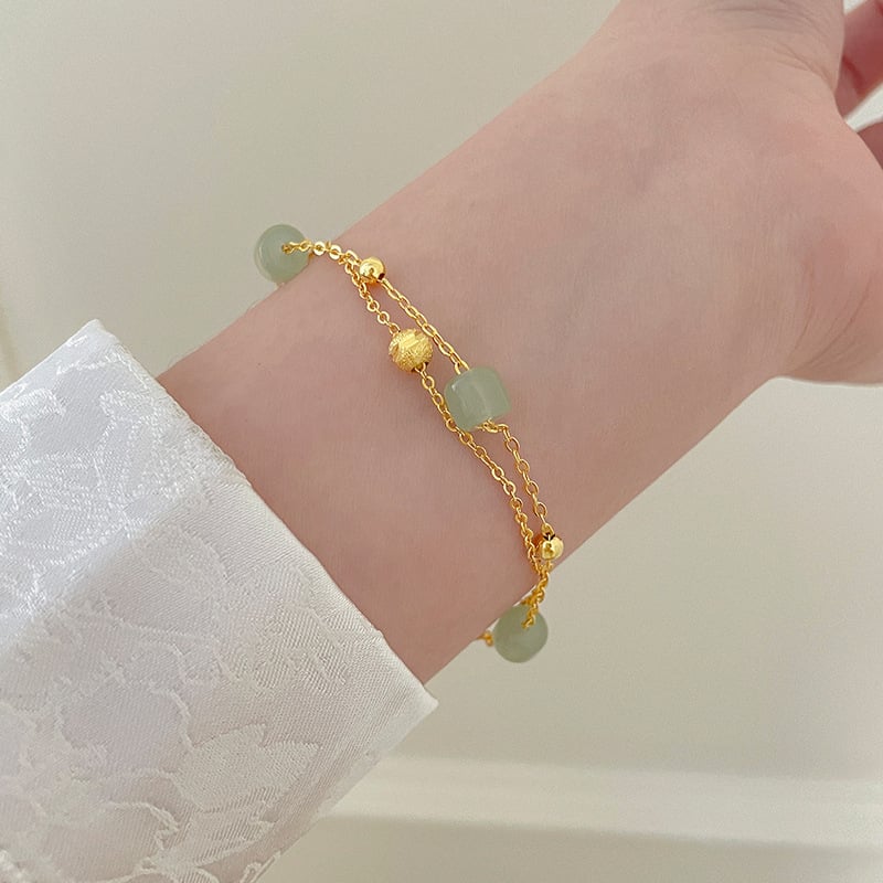 Brățară dublă din jad Hetian pentru femei, cu mărgele norocoase reglabile, design stacking