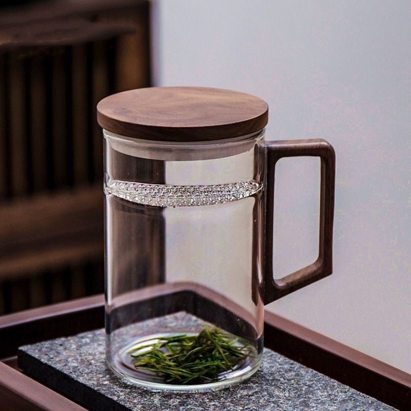 Ceșuță de ceai din sticlă borosilicat cu mâner, transparentă, pentru ceai verde, formă semilună, pentru casă și birou.