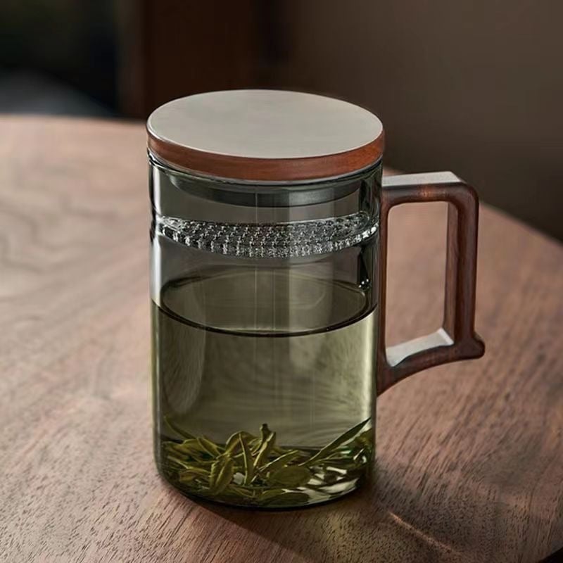 Ceșuță de ceai din sticlă borosilicat cu mâner, transparentă, pentru ceai verde, formă semilună, pentru casă și birou.