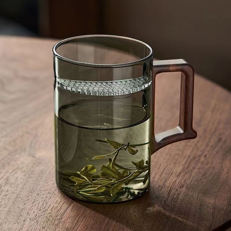 Ceșuță de ceai din sticlă borosilicat cu mâner, transparentă, pentru ceai verde, formă semilună, pentru casă și birou.