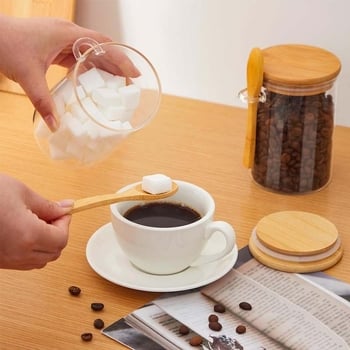 Borcan rotund din sticlă transparentă cu lingură, 500 ml, recipient sigilat pentru bucătărie, depozitare gustări și cafea