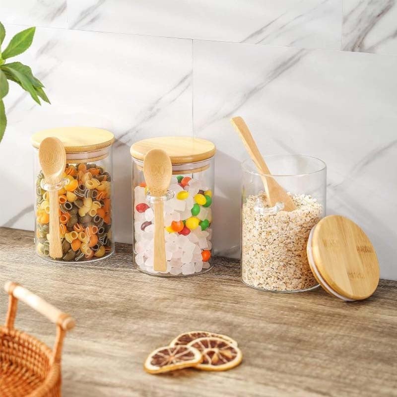 Borcan rotund din sticlă transparentă cu lingură, 500 ml, recipient sigilat pentru bucătărie, depozitare gustări și cafea