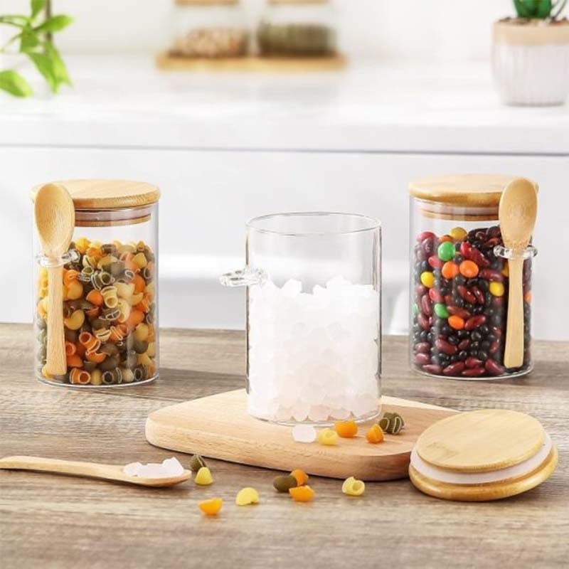 Borcan rotund din sticlă transparentă cu lingură, 500 ml, recipient sigilat pentru bucătărie, depozitare gustări și cafea