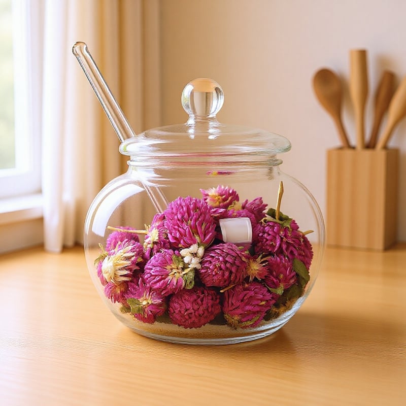 Recipient din sticlă borosilicat înalt, cu linguriță și capac, pentru ceai, cafea, zahăr și condimente
