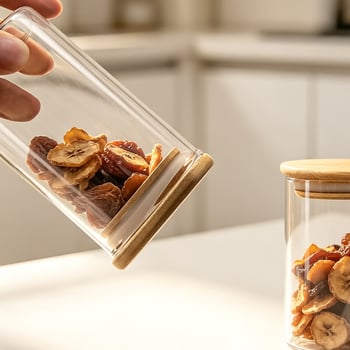 Recipient pătrat din sticlă borosilicat cu capac din bambus, recipient etanș pentru cereale