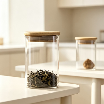 Recipient pătrat din sticlă borosilicat cu capac din bambus, recipient etanș pentru cereale