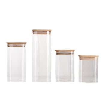 Recipient pătrat din sticlă borosilicat cu capac din bambus, recipient etanș pentru cereale