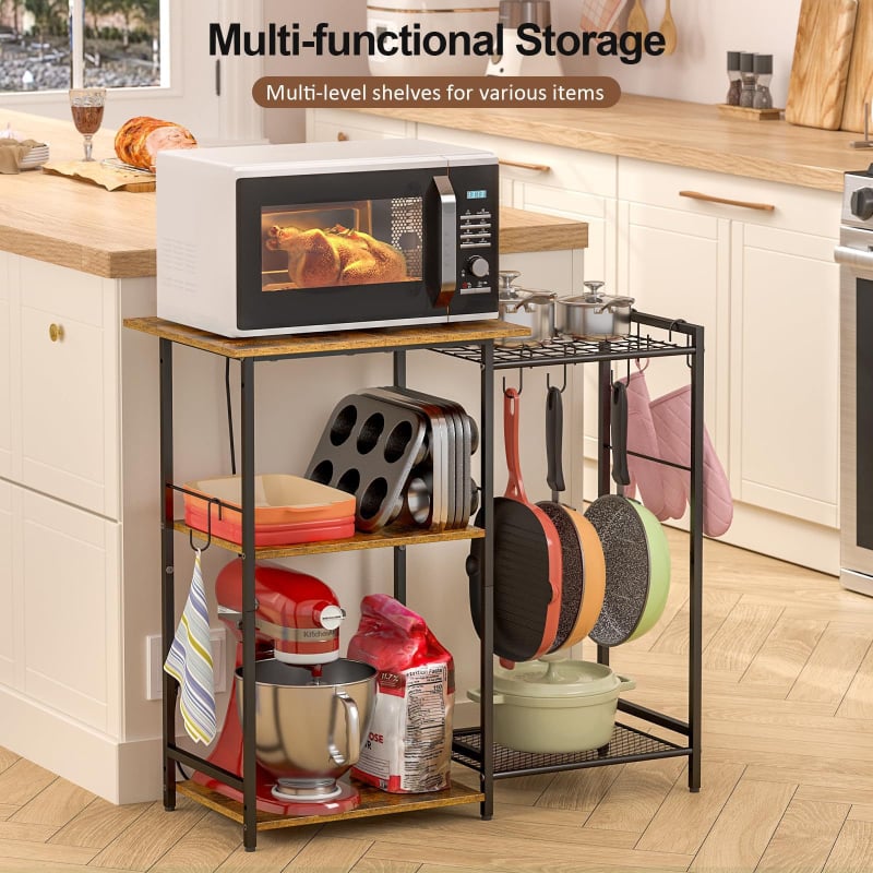 Raft multifuncțional pentru cuptorul cu microunde, cu roți, metal, 3 etaje