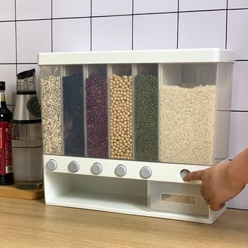 Recipient montat pe perete pentru orez, dozare prin apăsare, rezistent la umezeală și insecte, separator de cereale, capacitate 9–10 L.