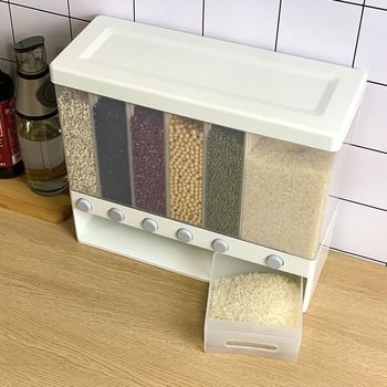 Recipient montat pe perete pentru orez, dozare prin apăsare, rezistent la umezeală și insecte, separator de cereale, capacitate 9–10 L.
