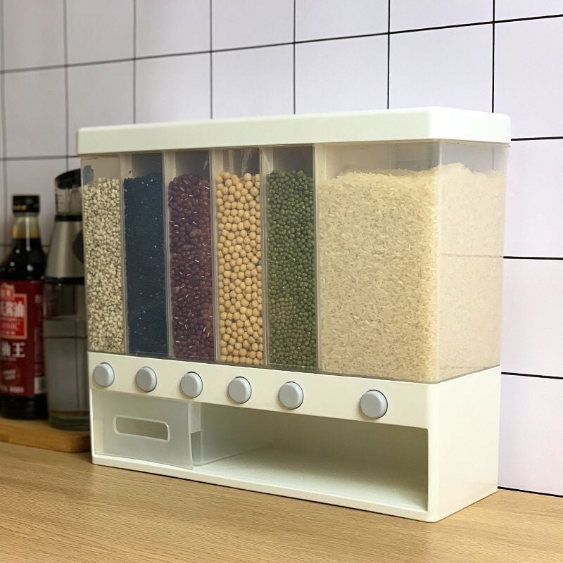 Recipient montat pe perete pentru orez, dozare prin apăsare, rezistent la umezeală și insecte, separator de cereale, capacitate 9–10 L.