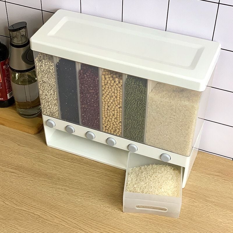 Recipient montat pe perete pentru orez, dozare prin apăsare, rezistent la umezeală și insecte, separator de cereale, capacitate 9–10 L.