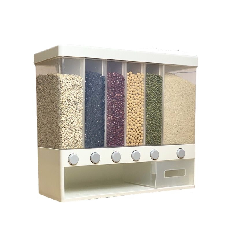 Recipient montat pe perete pentru orez, dozare prin apăsare, rezistent la umezeală și insecte, separator de cereale, capacitate 9–10 L.