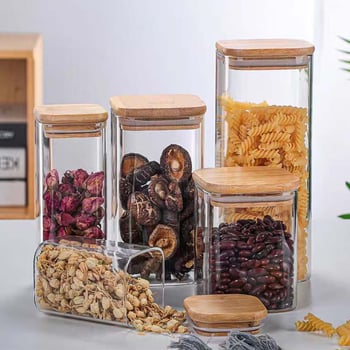 Recipient pătrat din sticlă cu capac din bambus, transparent, borosilicat înalt, sigilat pentru cereale și boabe