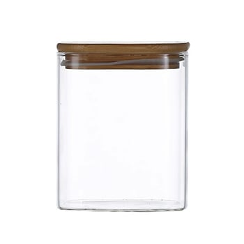 Recipient pătrat din sticlă cu capac din bambus, transparent, borosilicat înalt, sigilat pentru cereale și boabe