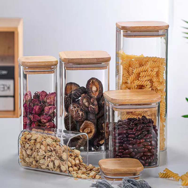 Recipient pătrat din sticlă cu capac din bambus, transparent, borosilicat înalt, sigilat pentru cereale și boabe