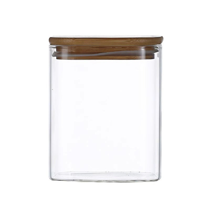 Recipient pătrat din sticlă cu capac din bambus, transparent, borosilicat înalt, sigilat pentru cereale și boabe