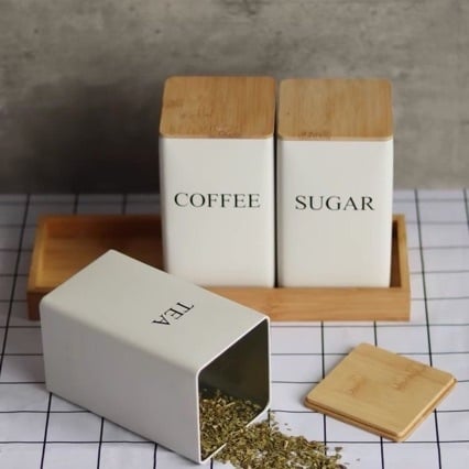 Recipient pentru ceai în stil japonez, capac din bambus, recipient de bucătărie rezistent la umezeală pentru depozitarea ceaiului și a boabelor de cafea
