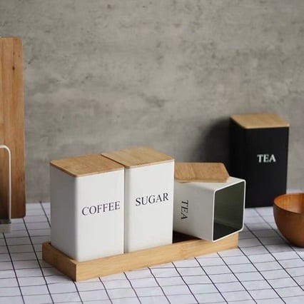 Recipient pentru ceai în stil japonez, capac din bambus, recipient de bucătărie rezistent la umezeală pentru depozitarea ceaiului și a boabelor de cafea