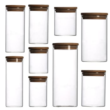 Recipient din sticlă borosilicat cu capac din bambus, recipient ermetic pentru ceai și cereale