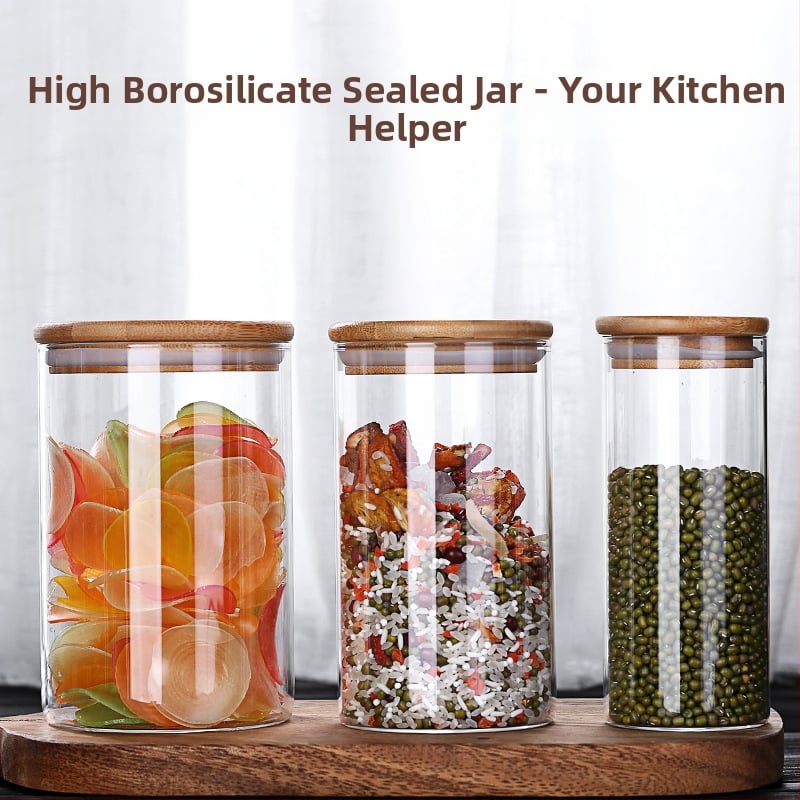 Recipient din sticlă borosilicat cu capac din bambus, recipient ermetic pentru ceai și cereale