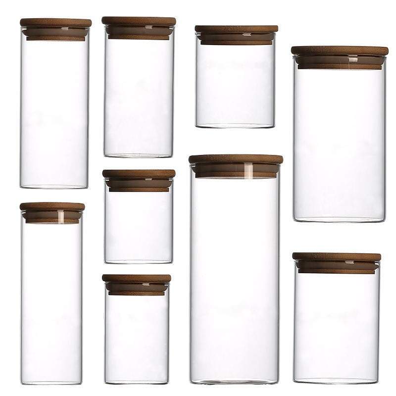 Recipient din sticlă borosilicat cu capac din bambus, recipient ermetic pentru ceai și cereale